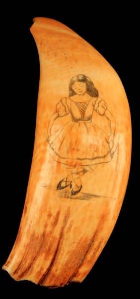 19TH C. WHALE IVORY SCRIMSHAW W/ A SHIP AND A GIRL: A 6.5 inch long whale scrimshaw with a clipper ship on one side and a bowing maiden on the other. In very good condition with some yellowing from age. Includes an appraisal of fair market value.