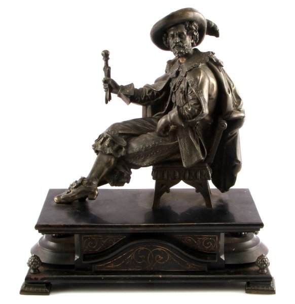 VICTORIAN STYLE SIR WALTER RALEIGH BRONZE STATUE: Victorian style Sir Walter Raleigh (1591-1618) bronze statue. Seated figure in traditional dress with sceptre in hand. Intricate details in face and dress. Black metal stand with incised design. Four 