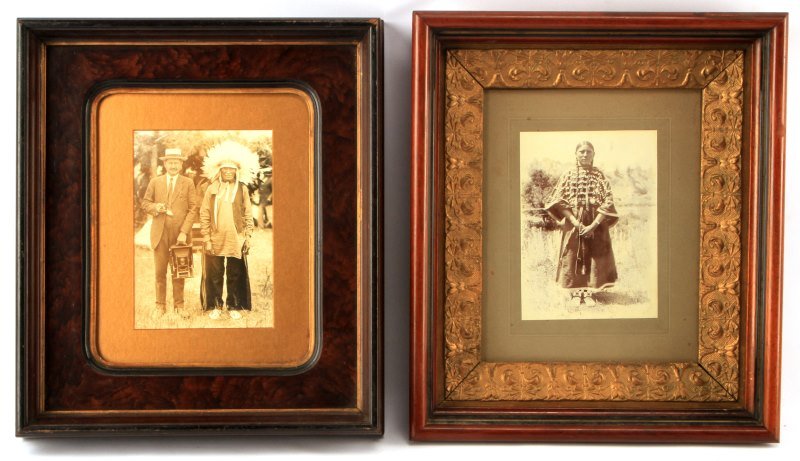 GROUP OF 2 EARLY NATIVE AMERICAN PHOTOS IN FRAME: Two Native American framed photos. One is early to mid 20th century of white man with camera and Native American in headdress to right. Image measures 5 by 7 inches. Frame measures 14 by 12 inches. Th