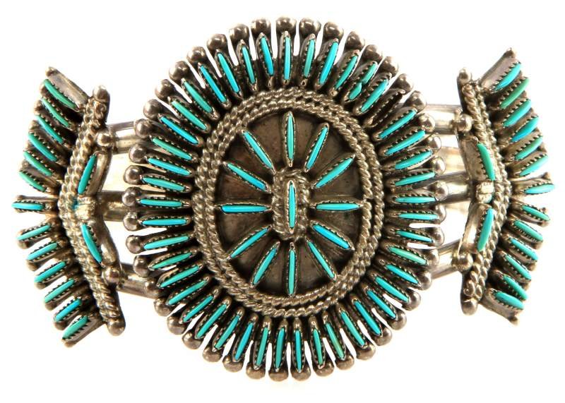 VINTAGE STERLING NEEDLEPOINT BRACELET JS BELLSON: Vintage Zuni high quality silver cluster bracelet, designed and manufactured by JS Bellson, using light blue natural hand cut needlepoint turquoise stones (one missing, one broken). This bracelet is v