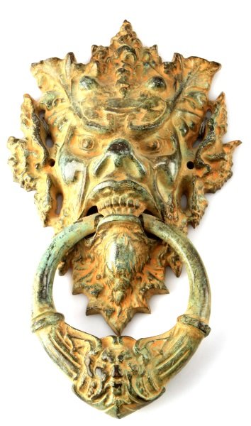 LARGE GREEN MAN VERDIGRIS PATINA DOOR KNOCKER: Large 15 inch with lovely patina door knocker.