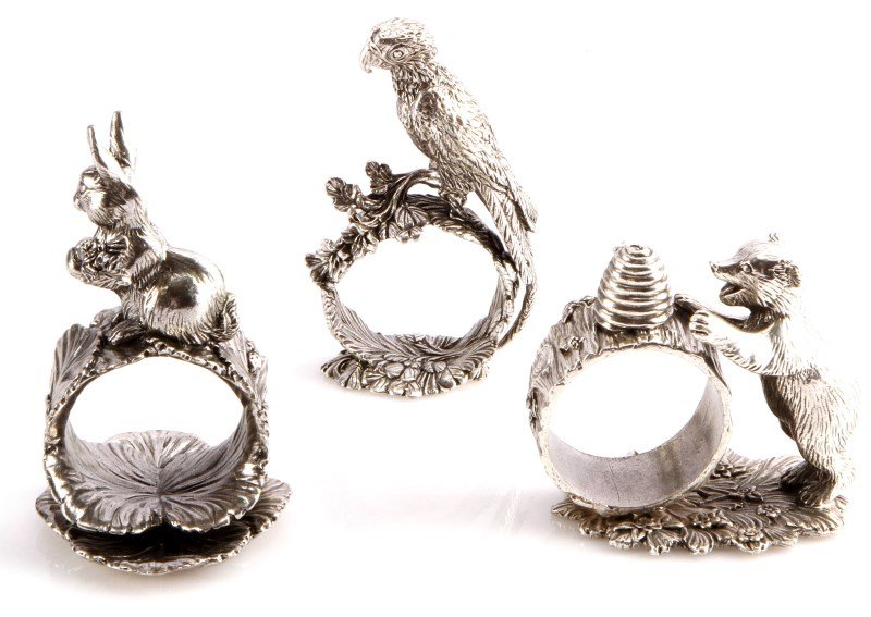 REED & BARTON 1824 COLLECTION NAPKIN RING LOT OF 3: Silverplate Honey Bear, Parrot and Rabbit. Fancy napkin holders.
