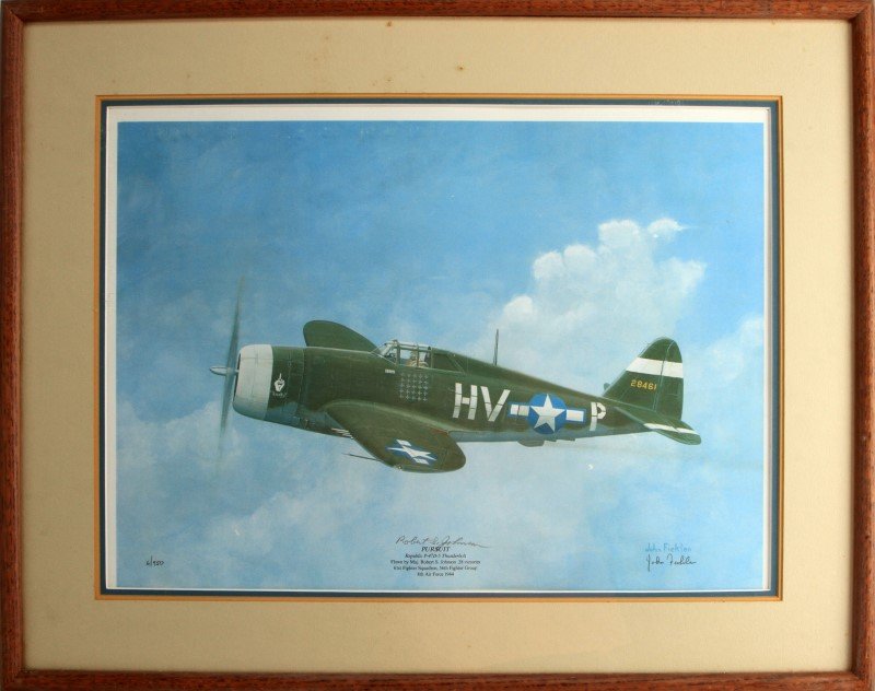 MAJ. ROBERT JOHNSON 28 KILLS SIGNED LTD ED PRINT: Number 9/950 Print of Artist John Ficklen (Signed) of Major Robert S. Johnson P-47 also (signed). framed 30 X 24.