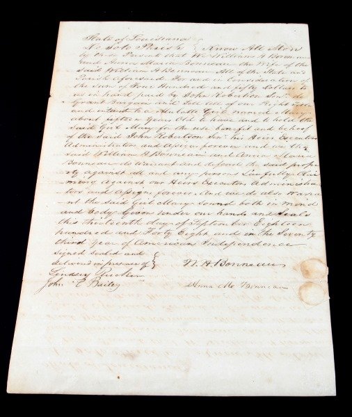 DESOTO PARISH LOUISIANA 1848 MULATTO GIRL SLAVE: Mary sold to John Robertson to William Boreneau for $450.00 in 1848. Very good and legible condition. Lone Star in circle watermark upper left corner.