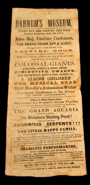 P.T. BARNUM MUSEUM BROADSIDE UNION FEMALE SPY: 1860's Broad side touting a Barnum show featuring Pauline Cushman Union spy rescued by the Yankees and went on the speaking tour. Also Giants, Dwarfs, and albino children and much more. Old auction ti