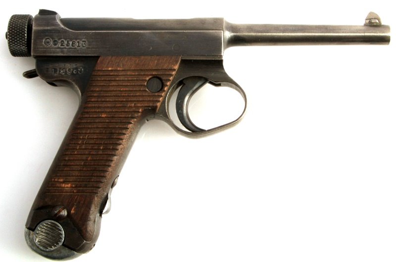 WWII JAPANESE TYPE 14 NAMBU 8MM SEMI AUTO PISTOL: Nambu Type 14 semi-automatic pistol in 8mm. Nagoya arsenal proof marks next to serial no. 25613 on right side frame. Shows date of manufacture below: 19.3 translates to March, 1944. Smooth salt blued 