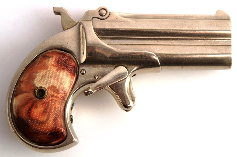 REMINGTON MODEL 95 TYPE III O/U DERRINGER .41 CAL: Remington Model 95 Type III Over/Under Derringer. Nickel plating and hard rubber grips. Serial no. 115 to underside 3 inch barrel. Bores are fair with some pitting. Swing pin is loose. "Remington Arms
