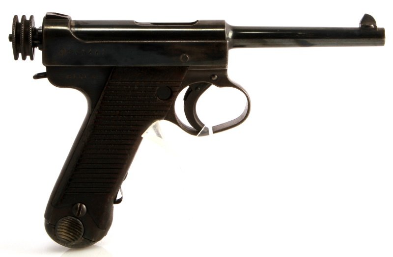 WWII JAPANESE NAMBU T14 8MM SEMI AUTO PISTOL: WWII Japanese Nambu Type 14 8mm pistol. Nagoya Toriimatsu 1st run markings to right side. Showa date 18.1. Finish loss to frame where handled. Bore is bright and clean. Overall, very good. Requires FF