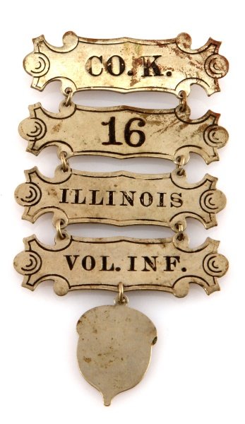 ILLINOIS CIVIL WAR LADDER BADGE 16 VOLUNTEER INF.: Four bar plus a hanging acorn, scarce Regiment.