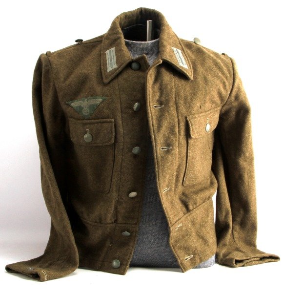 WWII GERMAN THIRD REICH FATIGUE UNIFORM JACKET: Heer waist coat, collar tabs and Heer breast eagle. Does not fluoresce, moth damage free, small size. Buttons match stamped A&S.