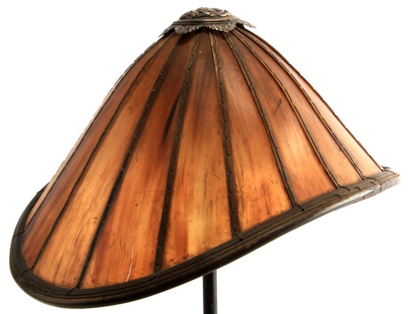 FILIPINO SPANISH COLONIAL HORN & SILVER HAT 19TH C: Antique 19th century Filipino horn hat (Salakot) with silver finial. The horn is woven together with a thin wire. Three panels of horn have cracks, however only one part of the rim is torn. The item i