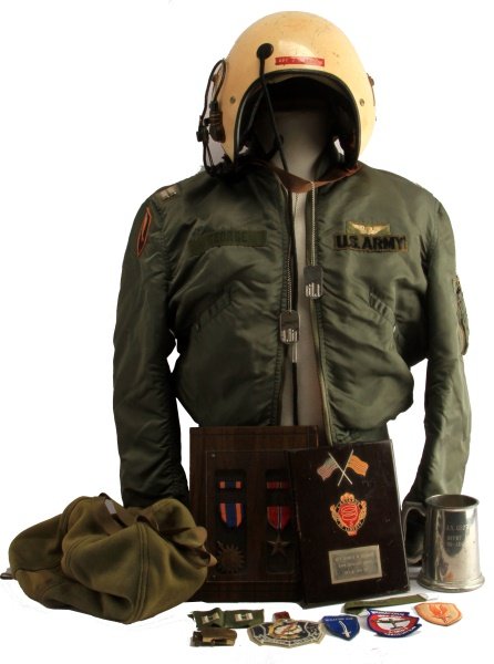 VIETNAM PILOT MEDALS APH-5 HELMET & FLIGHT JACKET: Vietnam Veteran issue to Captain J.N. George U.S. Army observation pilot . Helmet with Microphone, carry bag, ear covers have deteriorated, otherwise very good size large. Captain George was a member 