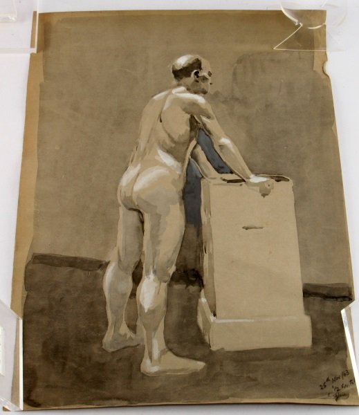 EUAN UGLOW (BRITISH 1932-2000) 1967 FIGURE STUDY: A two sided figure study attributed to Euan Uglow (British, 2932-2000). One side shows a standing male figure and is dated and signed on the lower right corner. The reverse side has two studies of sit