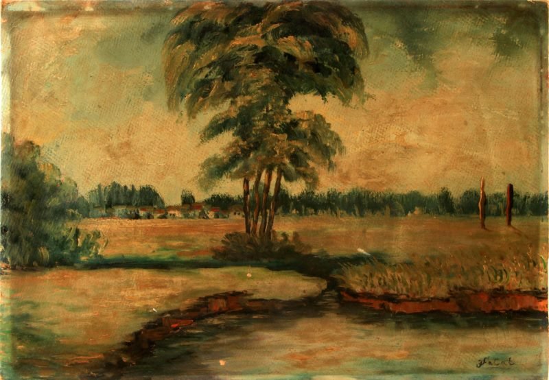 JULIAN FALAT (POLISH, 1853-1929) LANDSCAPE OIL: Julian Falat (Polish, 1853-1929) landscape. Oil on board. Measures 19 3/8 by 13 3/4 inches. In good condition with some wear around the edges and darkening. Signed on lower left.
