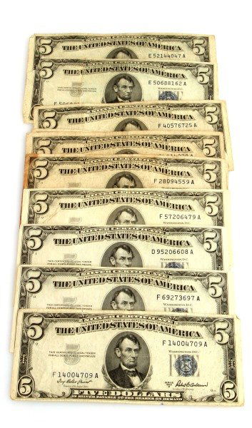 11 $5 SILVER CERTIFICATES BLUE SEAL 1953A SERIES: Condition varies from G to XF from 11 notes 4 in F to XF condition. Other with several creases and folds. Few have staining.