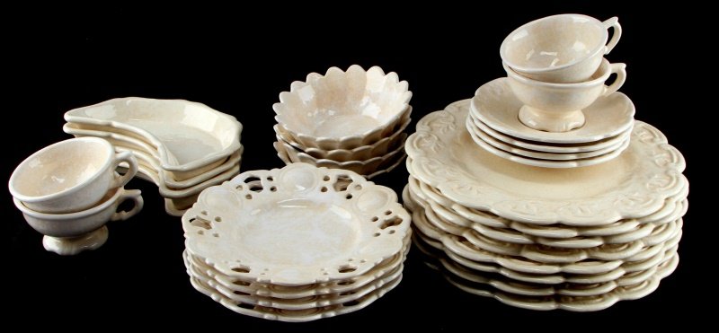 VINTAGE VESTAL ALCOBACA PORTUGAL 36PC DISH SET: Consisting of: 8 salad plates, 8 entree plates, 8 moon shape bread plates, 4 cups, 4 saucers and 4 bowls. All dishes are in very good condition. From the estate of Lisbeth Fogg.