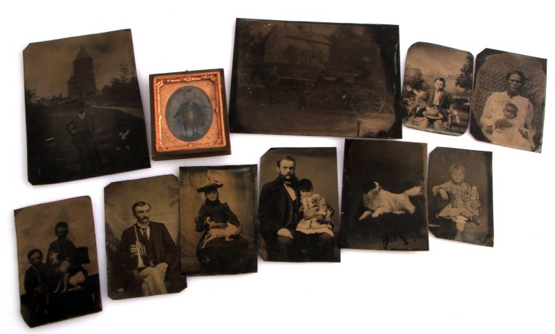 11 UNUSUAL TOPIC ANTIQUE TINTYPE PHOTOGRAPH LOT: Includes Indian with baby, boy with pistol real or toy, two boys and a dog, girl with doll, girl with dog, man with child in riding habit, union case of boy in uniform, man with a coronet, a dog, man 
