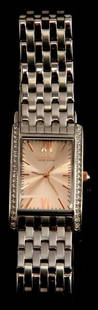 LADIES STEEL CARAVELLE NEW YORK SWAROVSKI XTALS: Ladies Caravelle by Bulova watch, stainless steel featuring rectangular rose gold-tone sunray dial, Swarovski crystals on bezel,Japanese quartz movement with analog display. Other features include: Pr