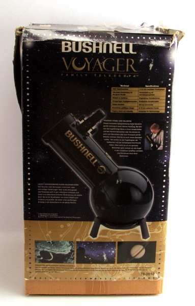 BUSHNELL VOYAGER FAMILY TELESCOPE PORTABLE: Bushnell Voyager Family Telescope, equipped with 4.5" coated primary mirror, 500 mm focal length, a shoulder strap, and 1.25" optical format. Telescope is tripod adaptable and easy to transport. Item 
