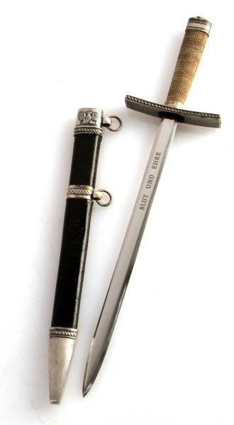 MINIATURE HITLER YOUTH LEADER DAGGER 10" LONG: Miniature Hitler Youth Leader dagger with correct covering on the scabbard. No marker mark on scabbard or dagger. The blade is etched with the Hitler Youth motto "Blut und Ehre". The cross guard is lo