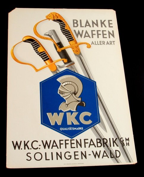 WWII WKC ADVERTISING SIGN BLANKE WAFFEN ALLER ART: WKC WWII-era advertising sign offer weapons of all kinds. The cardboard poster retains bright colors and no damage to the letters or image. The board has worn corners, with the top left corner missing