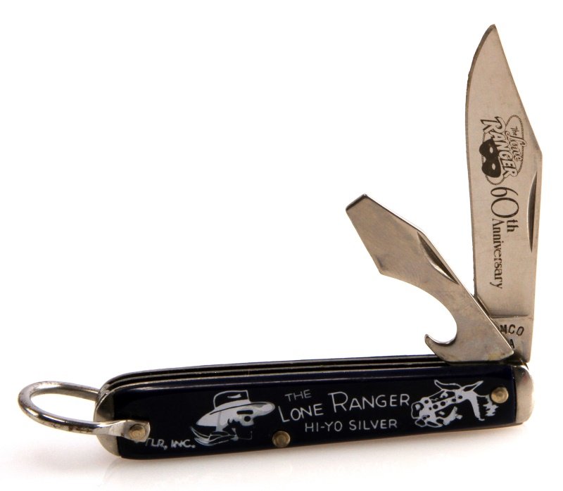 THE LONE RANGER 60TH ANNIVERSARY POCKET KNIFE: Item is a collectable Lone Ranger 60th anniversary pocket knife. Item features a stainless steel blade, bottle opener, and features the Lone Ranger on one side, and the Silver Bullet on the other side