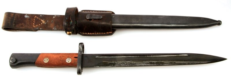 WWII YUGOSLAVIAN M48 COMBAT BAYONET WITH SCABBARD: Yugoslavia German World War II Axis Combat Bayonet & Scabbard With Frog. Measures 15 3/4" long overall. The blued steel blade with cosmoline grease. Includes the blued steel scabbard. Also includes th