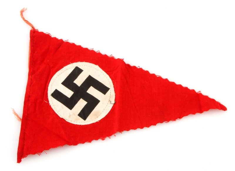 GERMAN WWII POLITICAL SWASTIKA RALLY PENNANT: Pennant measures 9 3/8" wide by 6 3/4" tall. Three piece printed swastikas machine sewn cotton construction.