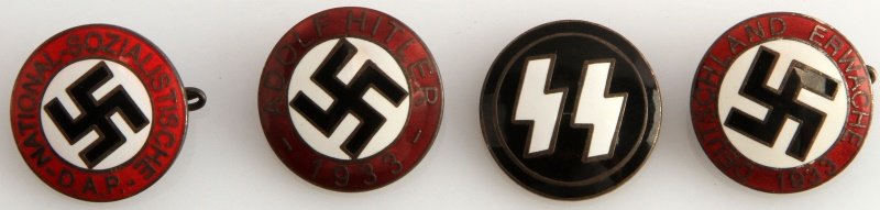 WWII GERMAN ENAMELED PARTY PINS: Lot of four German WWII Enameled Party pins. This grouping includes: Waffen SS, Adolf Hitler 1933; Deutschland Erwache 1933; National Sozialistische DAP. All four are 'RZM' maker marked. They have a t