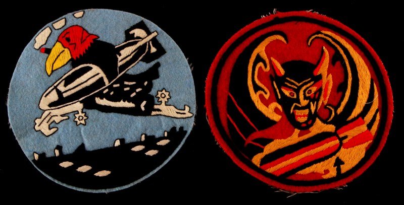 TWO US WWII AIR FORCE FIGHTER SQUADRON PATCHES: Lot of two USAAF World War II Army Air Force Fighter Squadron patches. They measure 5 1/8” inches in diameter. Hand and machine embroidered on a wool backing. Theater made. Possibly post-war. Very g