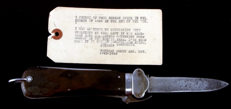 WWII LUFTWAFFE FALLSCHIRMJAGER GRAVITY KNIFE: German World War II Luftwaffe Paratrooper Fallschimjager Gravity Knife. Measures 10 1/8” long with the blade open. The steel blade measures 3/4” wide by 3 15/16” long. It has been sharpened. Inc