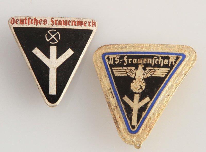 2 WWII PINS NATIONAL SOCIALIST WOMENS LEAGUE: Lot of two German World War II Nationalsozialistische Frauenschaft pins. The NS-Frauenschaft were the National Socialist Women's League. Both pins are RZM marked, one is marked ‘RZM M1/21’ and the