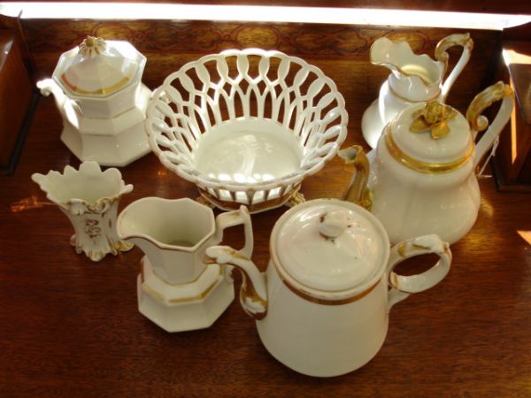 EARLY 1800S ENGLISH GOLD GILDED PITCHER TEA SET: EARLY 1800'S ENGLISH GOLD GILDED WHITE PITCHER TEA SET VASE BOWL. WHITE GOLD GILDED PITCHER ENGLISH MARKED W NOTE STATING AGE 1810 -6" , OPEN WEAVE FOOTED BOWL MARKED 98 9 1/4", TEA SET & VASE (SIMILA