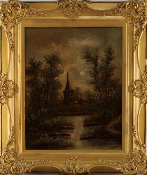 SIGNED DE WELDE ORIGINAL OIL ON CANVAS PAINTING: Original oil on canvas painting signed "De Welde" on the lower right corner. The work depicts a nocturnal landscape. Very good condition, no rips, tears, missing paint, and a taut canvas. The frame ha