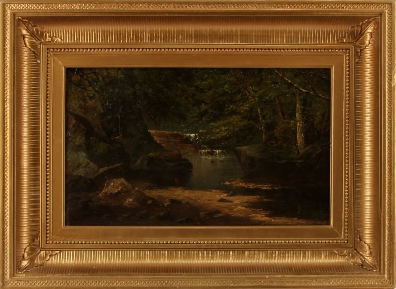 OIL ON CANVAS HUDSON RIVER SCHOOL PAINTING: Original oil on canvas painting in the manner of Thomas Cole/ the Hudson River school. This deep wooded landscape has a small human figure by the river. The painting has some craquelure, a tear has be