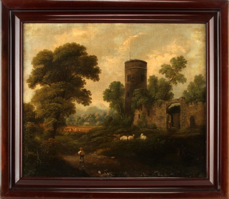 ENGLISH ROMANTIC PASTORAL LANDSCAPE WITH RUINS: Oil on panel English school landscape painting. The pastoral scene depicts people and animals near castle ruins. The work appears to be unsigned. There is craquelure throughout and three repairs, but 