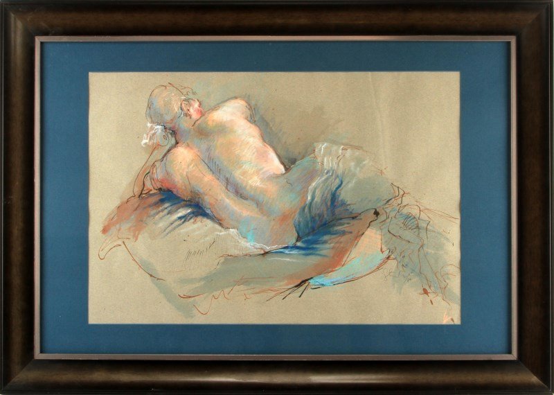 RECLINING NUDE DRAWING WITH PASTEL SIGNED 12/86: Ink and pastel sketch drawing of a reclining nude atop pillow with blanket. Gray brown paper used. Outlined in black and brown with pastels added. Blue matte frame within strong metal frame. Signed to