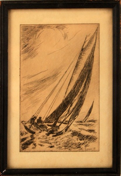 NAT LOWELL (LATVIAN-AMERICAN, 1880-1956) ETCHING: A drypoint etching of a sailboat with two men riding in it by Nat Lowell (American, 1880-1956). Measures 5.5 by just under 3.5 inches. Its frame measures 5.25 by 7.5 inches. In very good condition wit