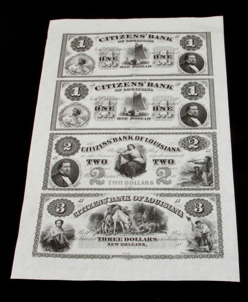 CITIZEN BANK OF LOUISIANA UNCUT BANKNOTE SHEET 4: Two ones, one two, and one three dollar denomination. Mint unsigned, American Banknote Company.