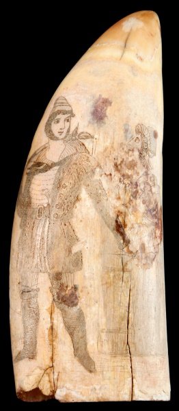 ANTIQUE WHALE SCRIMSHAW SAILOR ART MAN & WOMAN: Large 6.25 inch tall antique scrimshaw with an engraving of a young man and woman. The bottom has two large age cracks and the engraving of the woman has surface damage. The work is unsigned. Ivory ca
