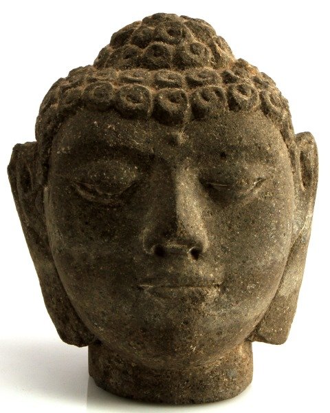 8.5" TALL STONE BUDDHA HEAD CARVING: From the private collection of world travelers comes this vintage stone Buddha head. This Buddha has a third eye, commonly seen in Buddha sculptures from Nepal, India, Burma, Thailand, and more. Overa