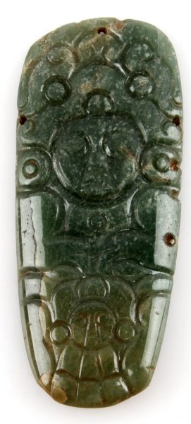 MAYAN PRE COLOMBIAN JADE MAYAN LORD ADORNMENT: Mayan pre Columbian 6th to 9th century. Brilliant apple green jade measuring 4.75 inches. Mayan lord depicted above lessor figure. Perforations drilled at each side. Louisiana deceased Merchant Marine