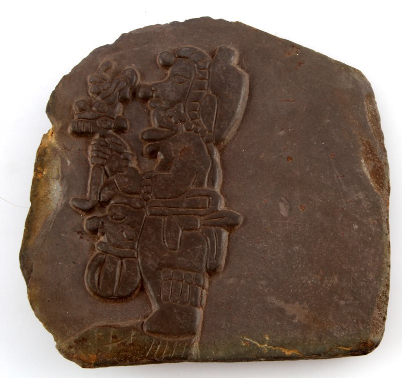 PRE COLUMBIAN MAYAN LORD & DOG CARVED SLATE TILE: Excellent depiction on hand carved slate or tile. Measuring 4 by 4 inches. Louisiana deceased Merchant Marine isolated find Belize, New River region. Acquired prior to 1950. All items legal to buy/sel