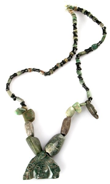PRE COLUMBIAN MAYAN JADE LORD BEAD & PENDANT: Two face ruler pendant of green apple jade, 26 inch total in length variety of jade and some greenstone beads. Louisiana deceased Merchant Marine isolated finds recover in Belize, New River region pri