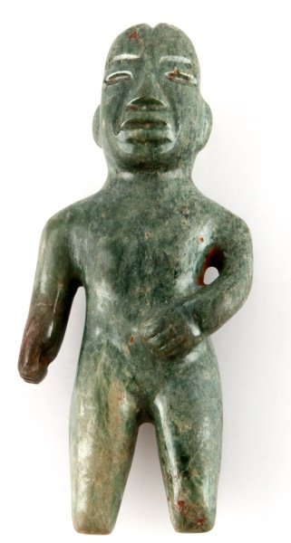 PRE-COLUMBIAN JADE OLMEC-STYLE HUMAN EFFIGY 3": Pre-Columbian jade artifact from Belize. The apple jade effigy depicts an Olmec-style Maya human figurine. No damage, very good condition. Measures 3 inches tall. Acquired by a Louisiana Merchant Mari