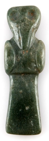 PRE COLUMBIAN ARTIFACT MAYA JADE AX GOD PENDANT 3": Pre-Columbian Mayan jade "Ax God" pendant. This "Ax God" /avian figurine. The top is perforated for use as pendant. Measures 3.5 inches long. Acquired by a Louisiana Merchant Marine in 1950 or earlier