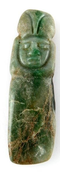 BELIZE PRE-COLUMBIAN ARTIFACT AX GOD PENDANT 3": Small pre-Columbian artifact from Belize. Maya Ax God apple jade pendant. The jade has a carving of a human figure with a headdress. Measures 3 inches tall. Acquired by a Louisiana Merchant Marine in 