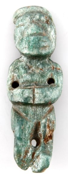 BELIZE PRE-COLUMBIAN ARTIFACT JADE PENDANT 3.5": Pre-Columbian Maya artifact found in Belize, human pendant. Has perforations on the side of the neck, the arms, and in between the legs. Measures 3.5 inches long. Acquired by a Louisiana Merchant Mari