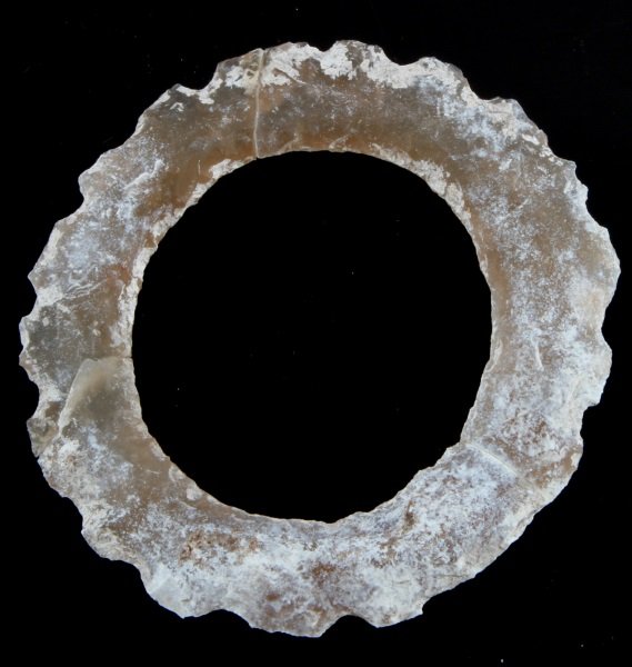 PRE COLUMBIAN MAYAN ECCENTRIC LITHIC FROM BELIZE: From an old Louisiana collection recovered prior to 1950 in the New River region. Repaired 3 inch diameter. All items are as described or your money is refunded.