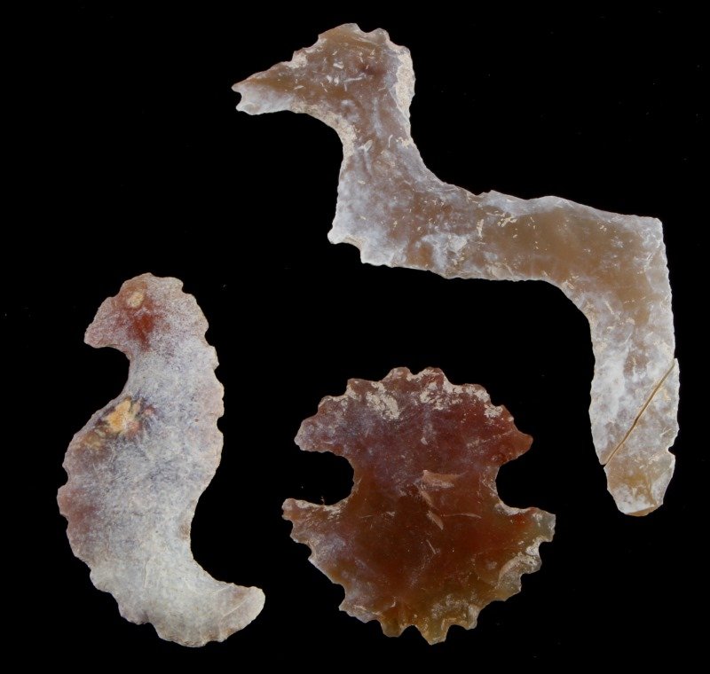 3 NEW RIVER BELIZE MAYAN ECCENTRIC LITHIC BLADE LO: The largest piece has old repair, size ranges from 2 to just under 5 inches. From an old Louisiana collection recovered prior to 1950. All items are as described or your money refunded.